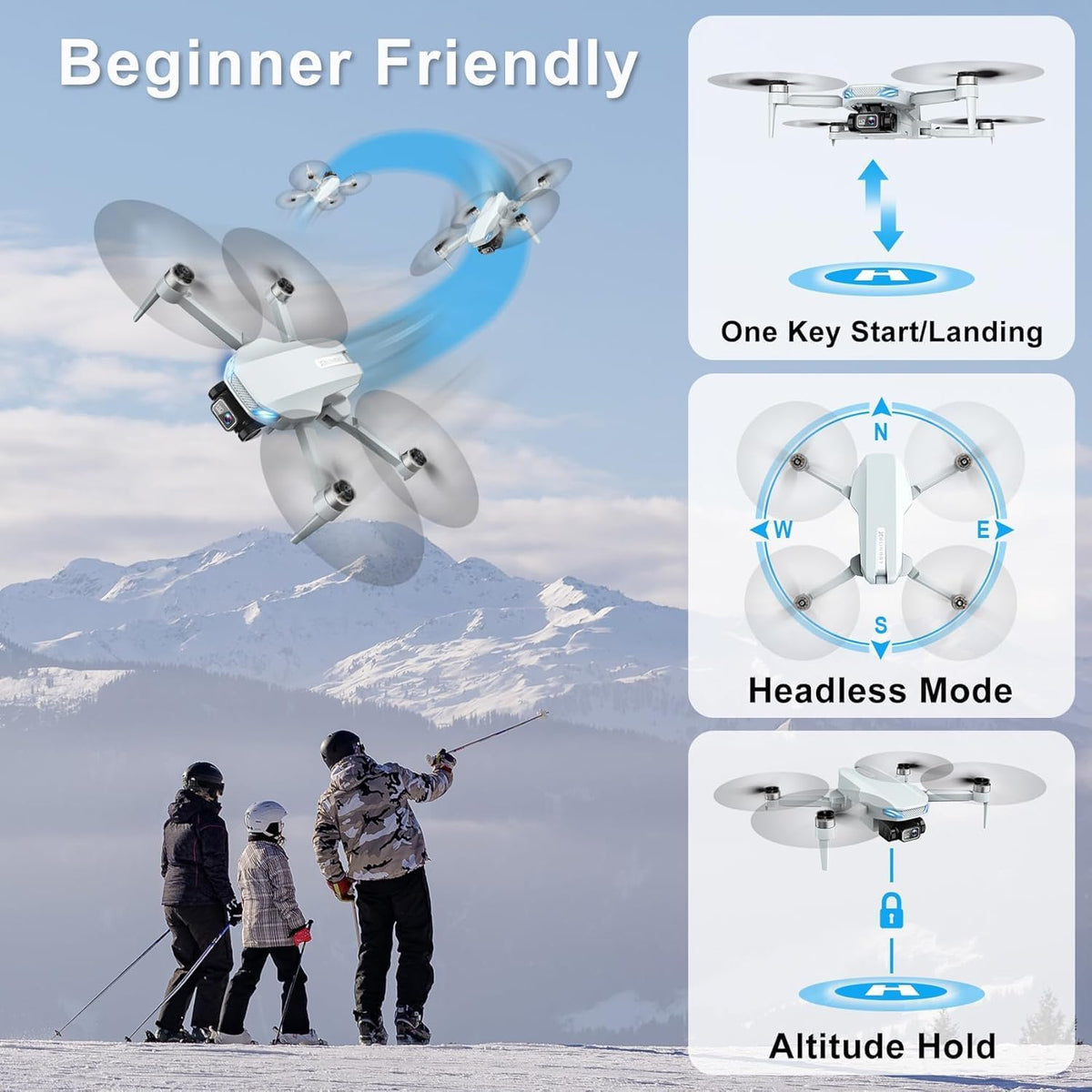 Drone 2K con cámara para adultos y principiantes, mini dron con 2 b...