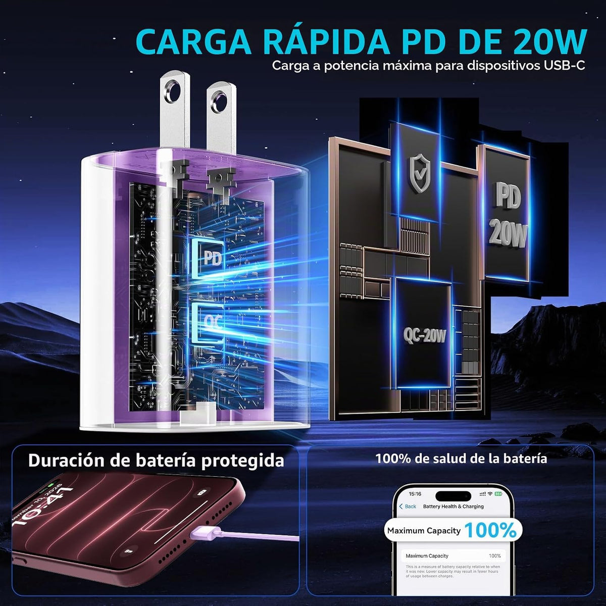 Teléfono 18 17 16 Pro Max Cargador Carga Rápida, 20W Teléfono Duo U...