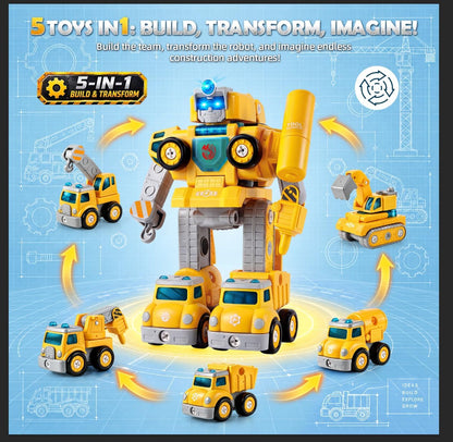 Construction Hero - Robot transformador 5 en 1 y camión de juguete...
