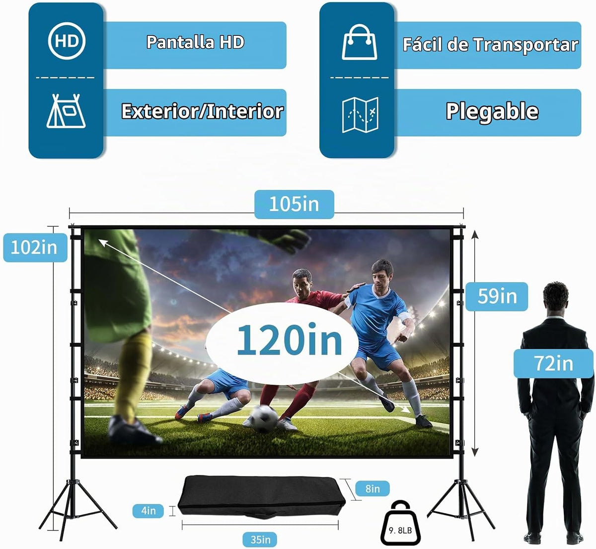 TOWOND - Pantalla de proyección y soporte de 120 pulgadas, pantalla...