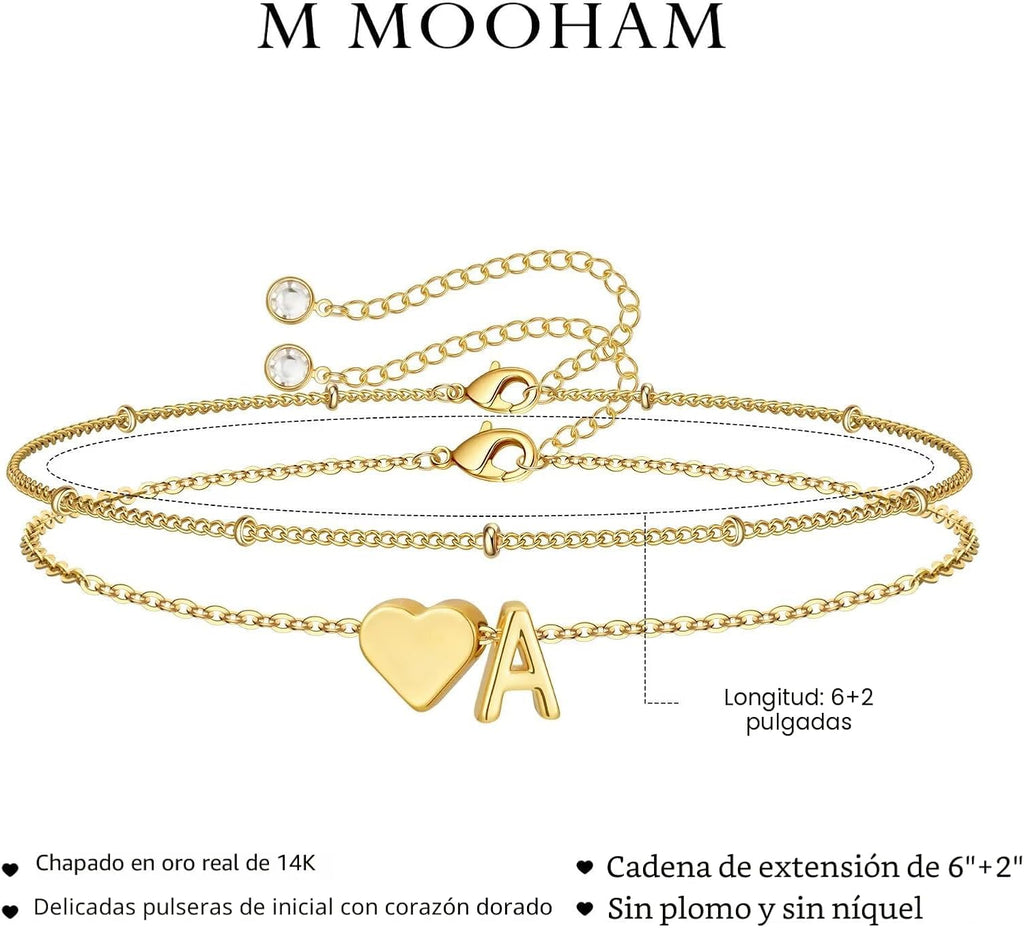 M MOOHAM Pulseras de oro con inicial de corazón para mujer, pulsera...