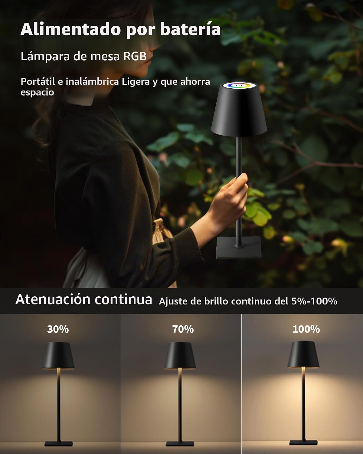 KDG Paquete de 2 lámparas de mesa inalámbricas, atenuación continua...