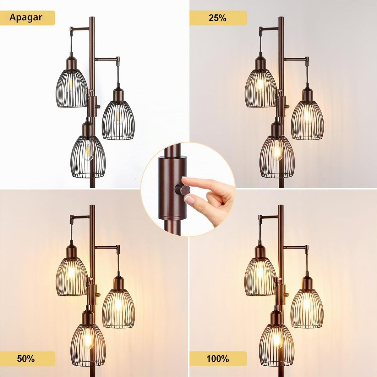 Lámpara de pie regulable, 3 bombillas LED Edison de 800LM incluidas...