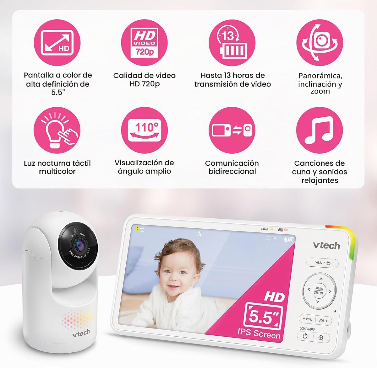 VTech Monitor de video para bebé, HD avanzado Plus, pantalla IPS HD...