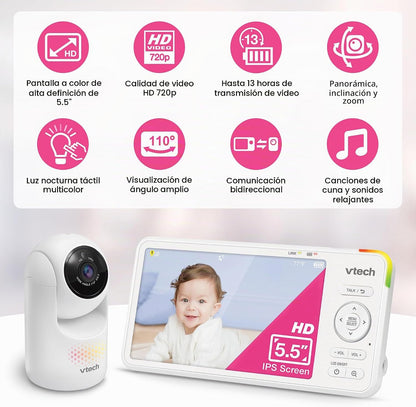 VTech Monitor de video para bebé, HD avanzado Plus, pantalla IPS HD...