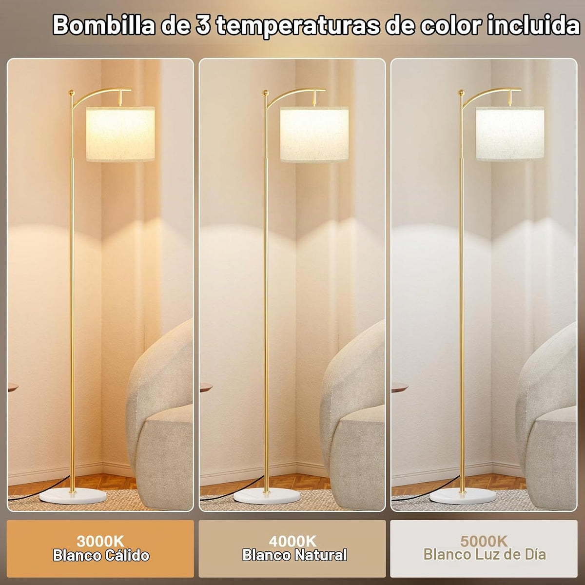 Ambimall Lámpara de pie de 60 pulgadas para sala de estar con 3 tem...