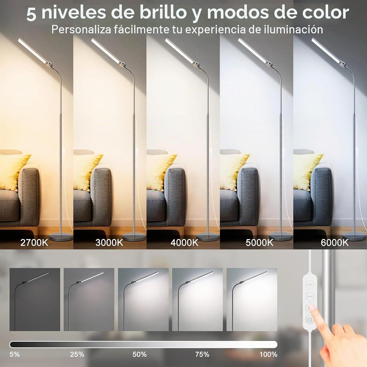 Lámpara de pie brillante, lámpara de pie LED plateada de 18W\/2000L...