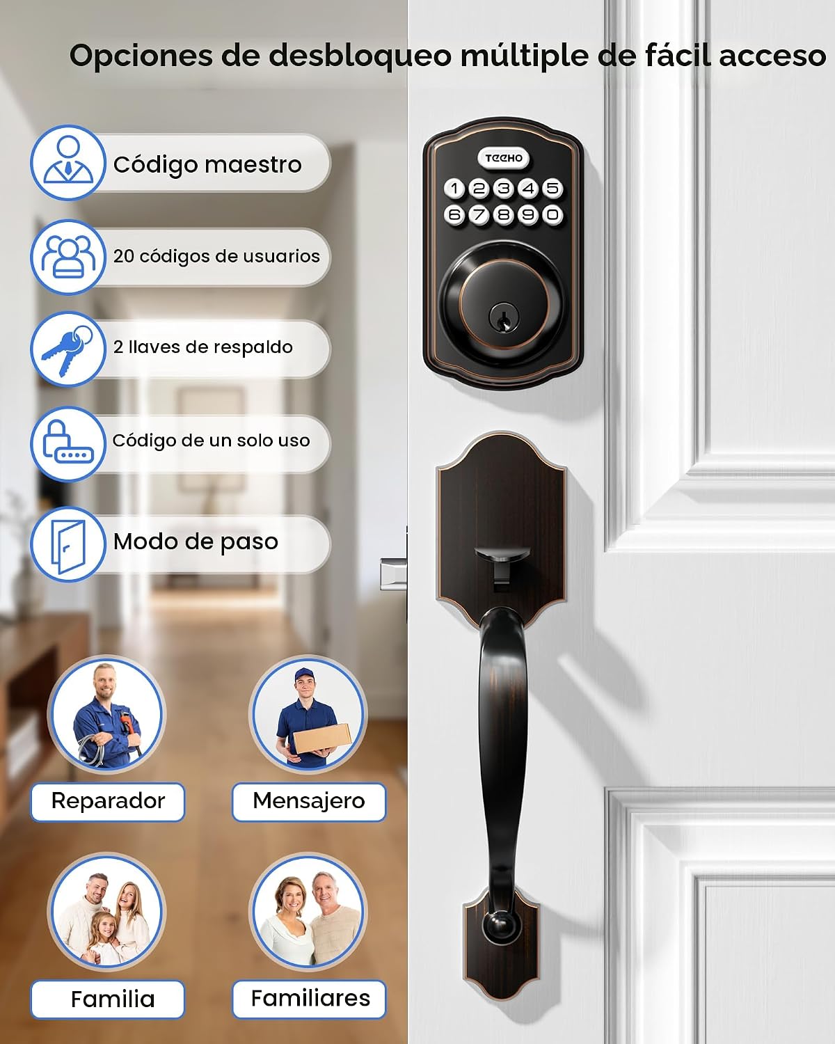 TEEHO TK001H Juego de cerradura de puerta de entrada sin llave para...