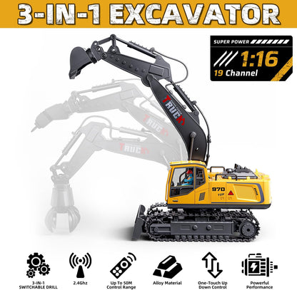 BLUEYAK Excavadora de control remoto para adultos y niños, 1:16, RC...