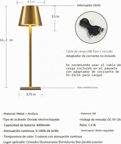 KDG Paquete de 2 lámparas de mesa inalámbricas doradas, lámparas de...