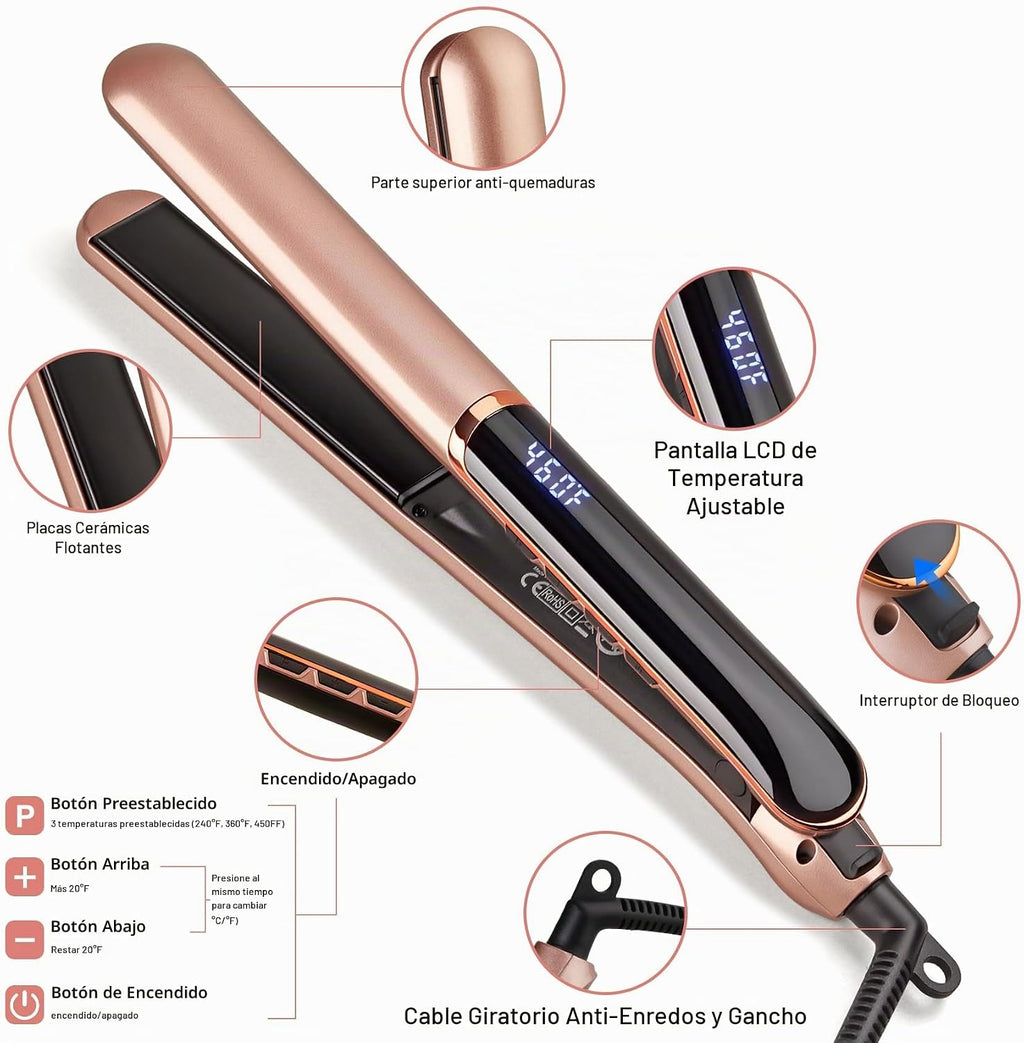 JAETON Plancha de pelo con placas flotantes, temperatura ajustable...