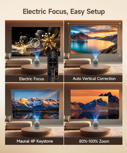 【Enfoque eléctrico】Mini proyector portátil con soporte WiFi y Bluet...