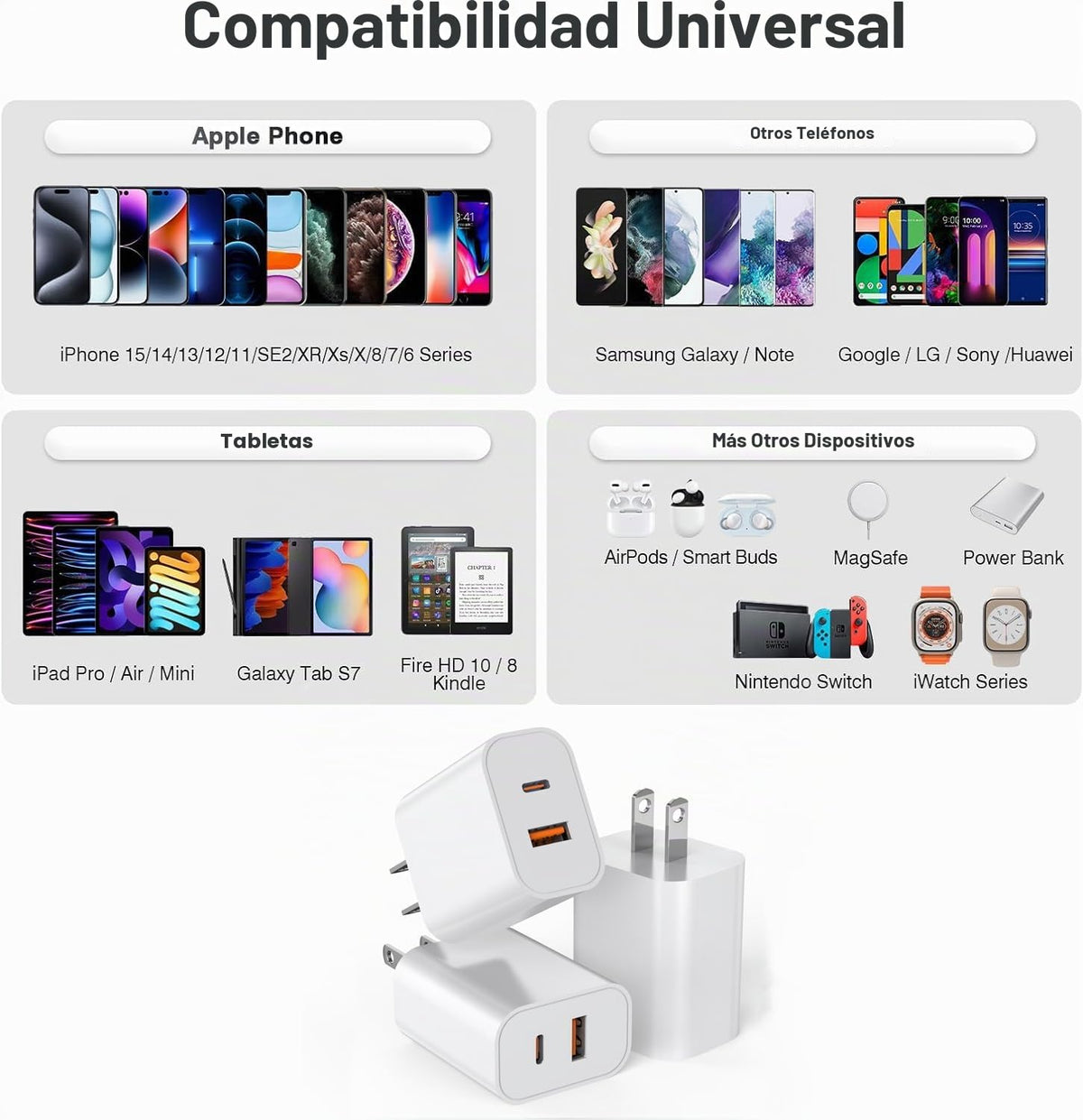 Bloque de cargador USB C, paquete de 3 enchufes de cargador de pare...
