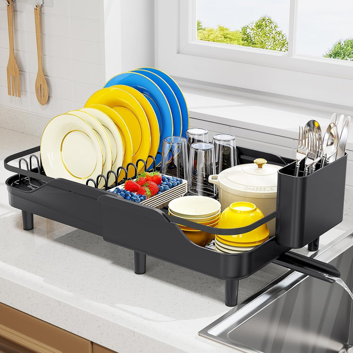 Urackify Escurridor de platos expandible para encimera de cocina pe...