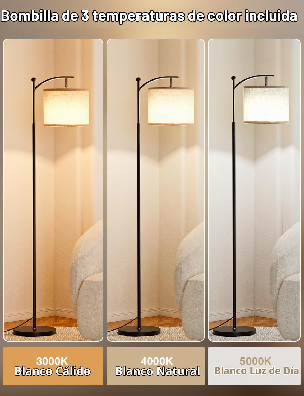 Lámpara de pie moderna Ambimall de 60" con pantalla beige, bombilla...