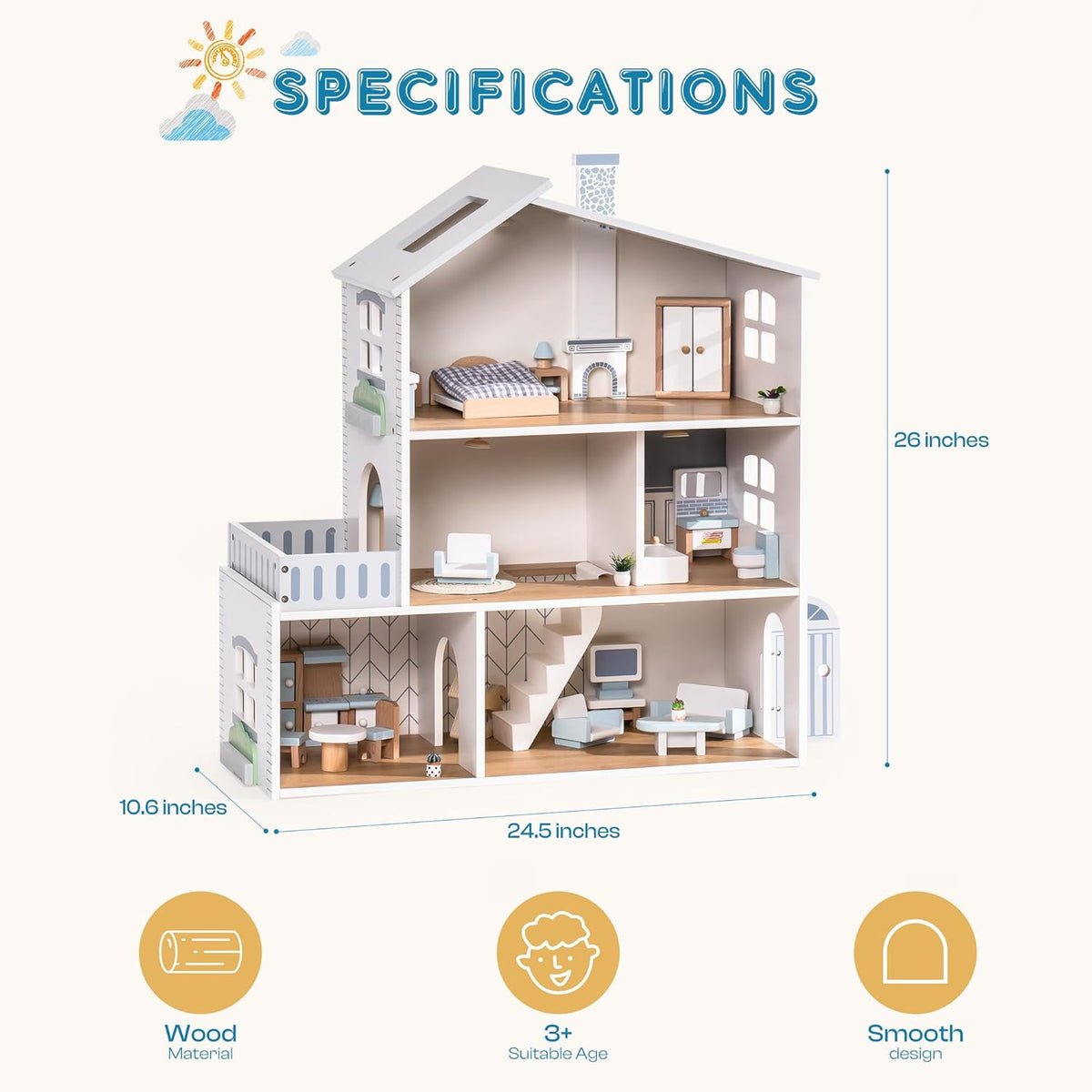 ROBOTIME - Casa de muñecas de madera con 29 muebles, 6 habitaciones...