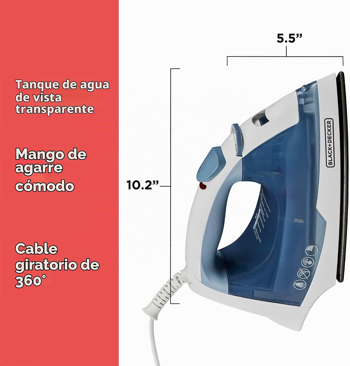 BLACK+DECKER Plancha de vapor para ropa con apagado automático y su...
