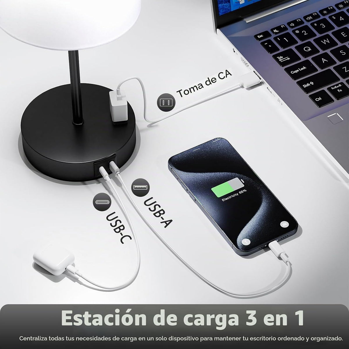 Juego de 2 lámparas táctiles blancas y negras para dormitorio, regu...