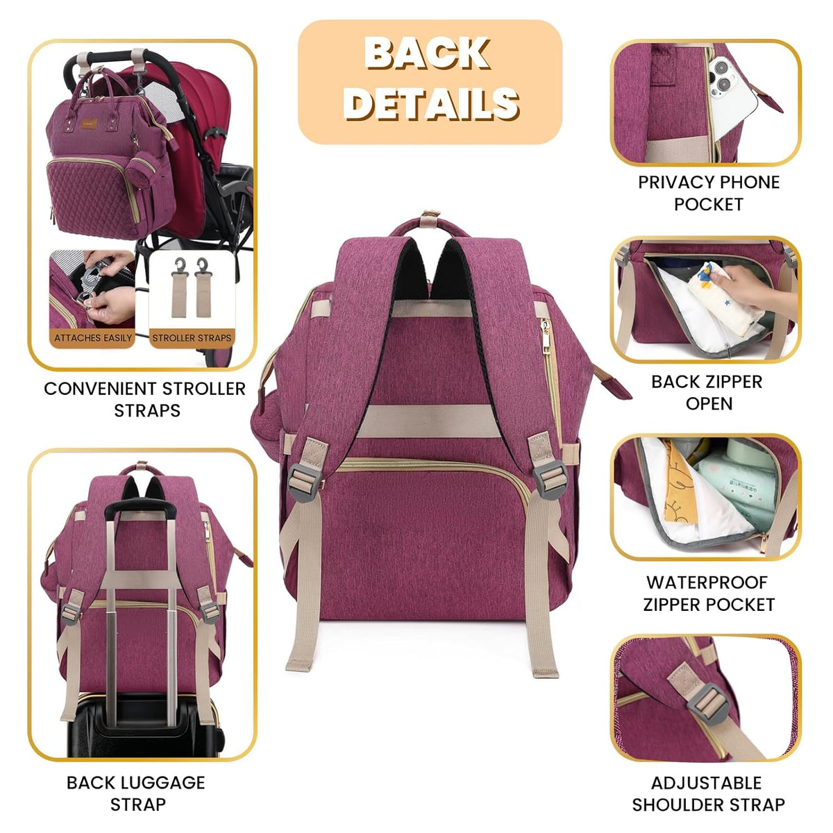 ROSEGIN Mochila para pañales con cambiador, funda para chupete, bol...