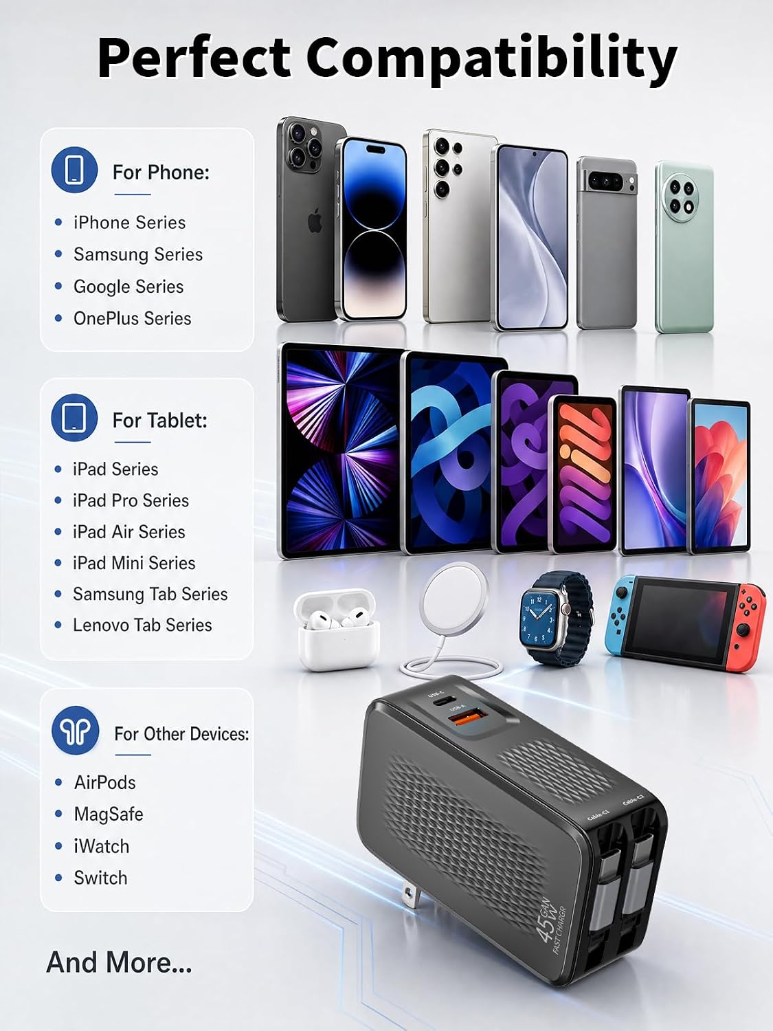 Cargador USB C retráctil, cargador de iPhone de 45 W, carga rápida,...