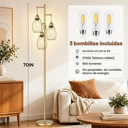 Lámpara de pie regulable, 3 bombillas LED Edison de 800LM incluidas...