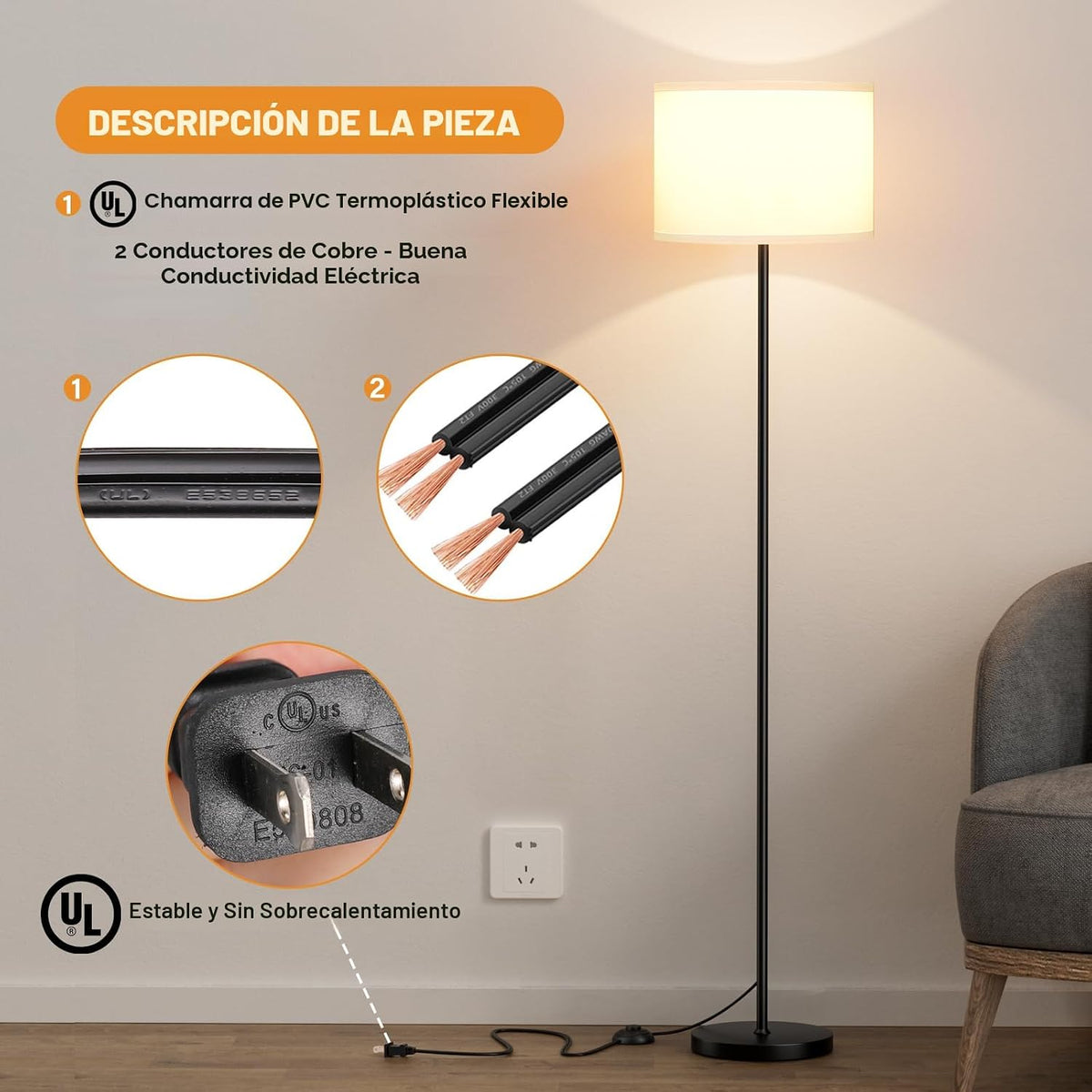 Lámpara de pie moderna de diseño simple con pantalla blanca e inter...
