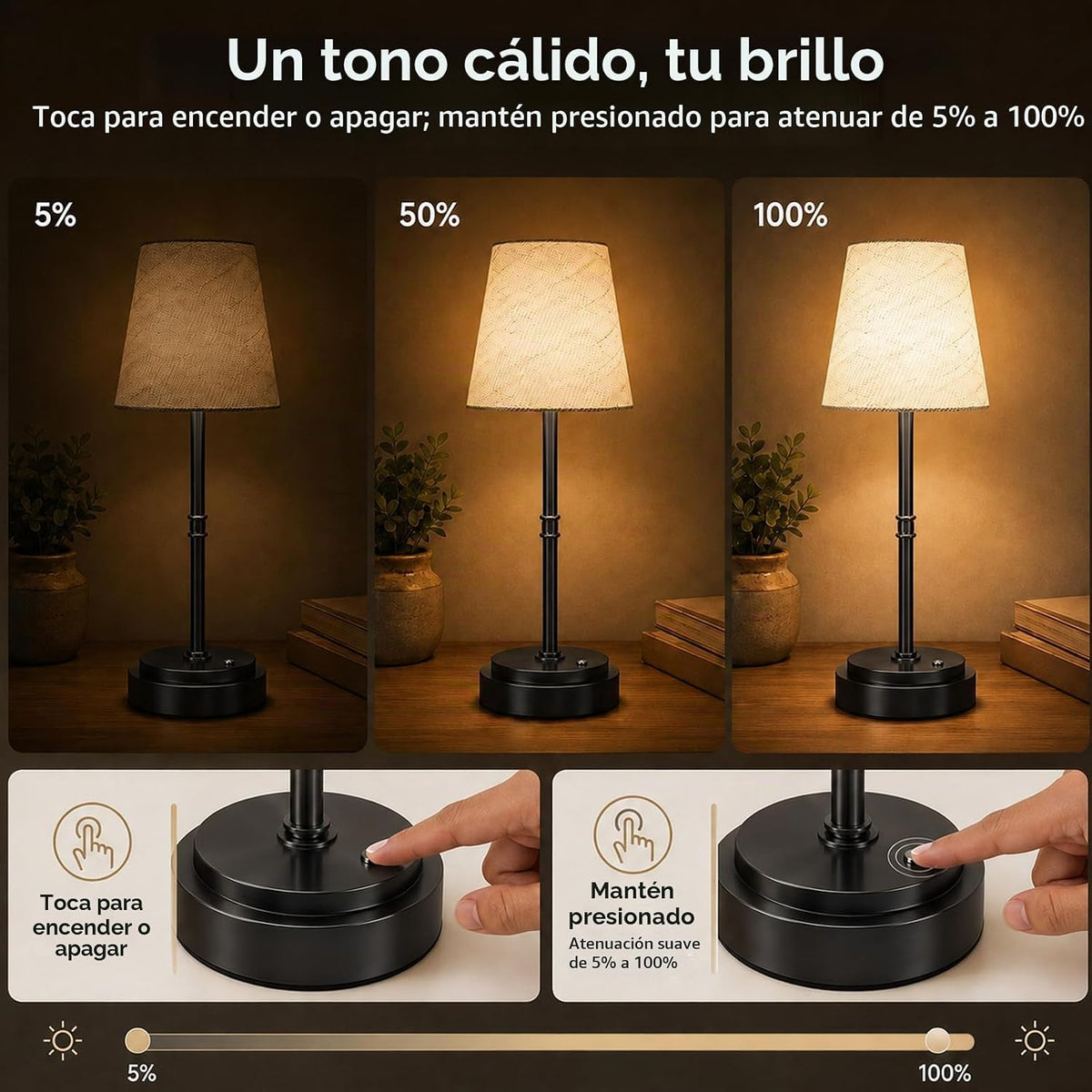 Lámpara de mesa inalámbrica recargable, funciona con pilas, color n...