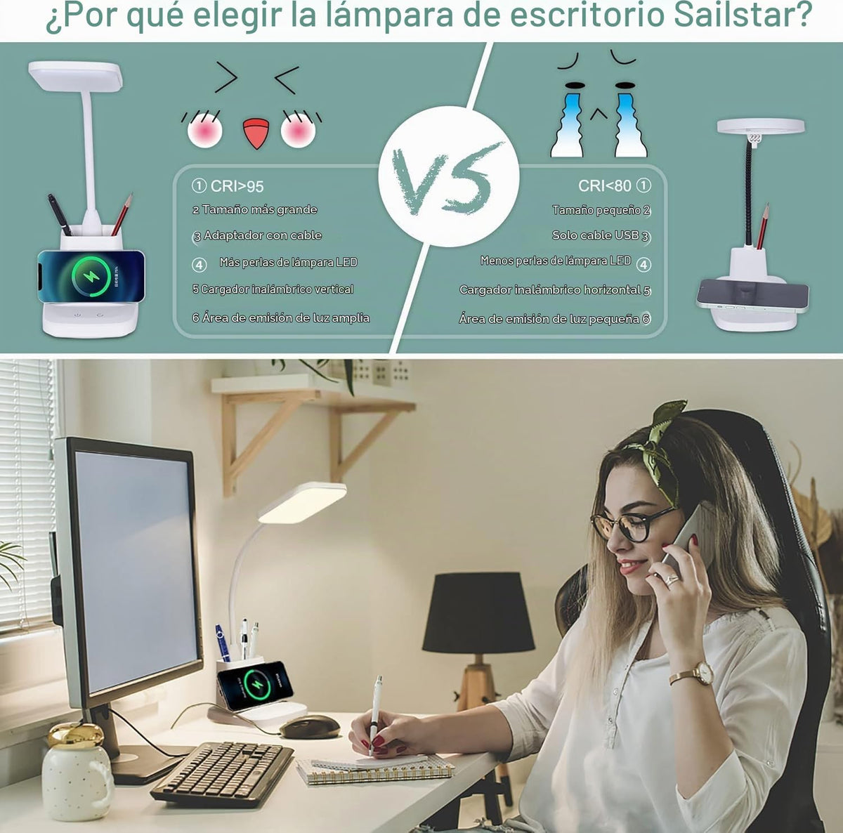 Lámpara de escritorio LED de carga inalámbrica mejorada de 10 W con...