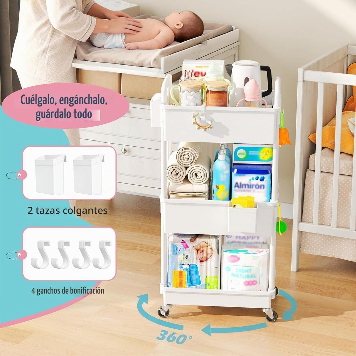 SUNALLY Carrito de pañales para bebés, carrito de pañales con rueda...