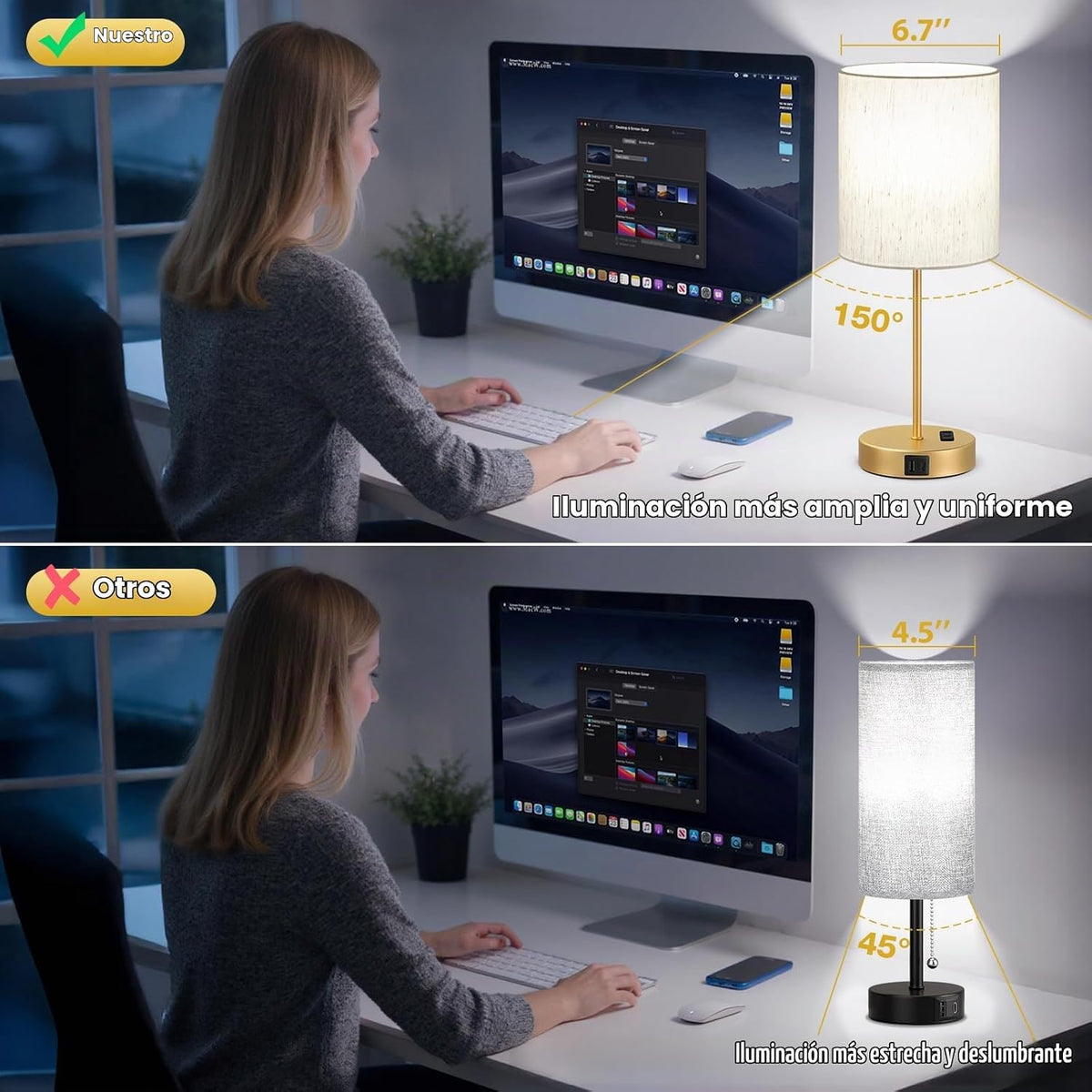 Juego de 2 lámparas táctiles doradas de 17.6" para dormitorio,...