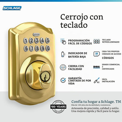 Schlage Cerradura de cerrojo de teclado electrónico, borde Camelot...
