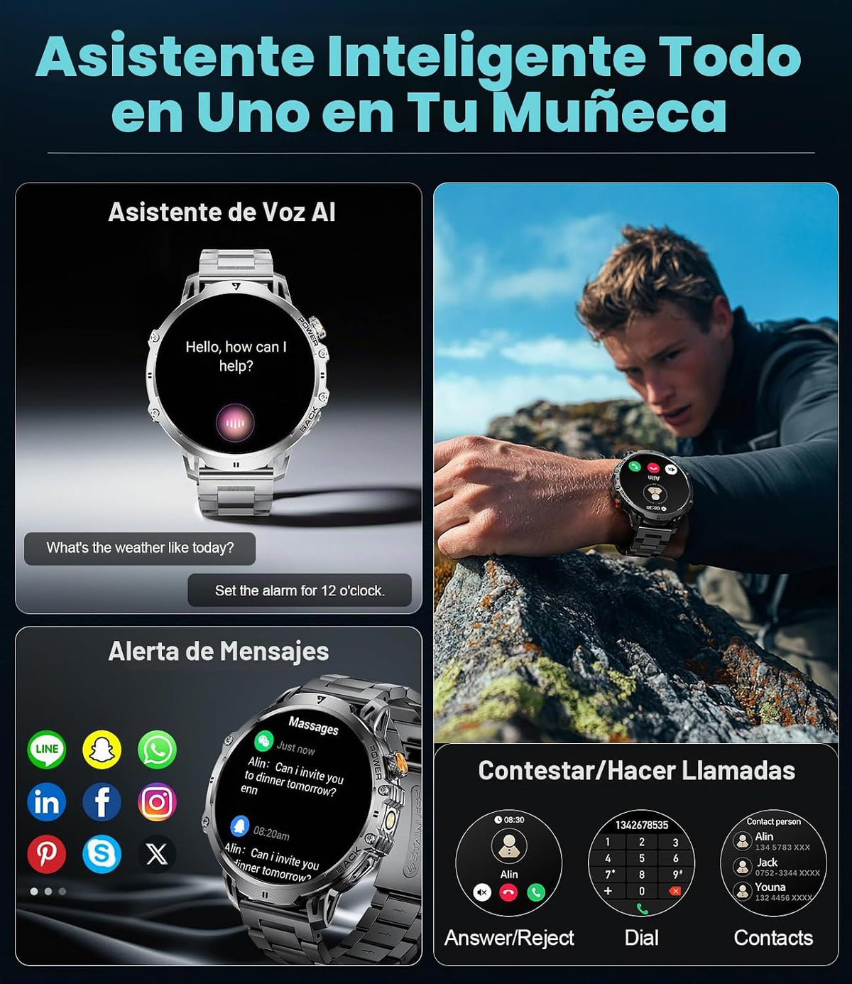 LIGE - Relojes inteligentes militares para hombre (2 bandas), reloj...