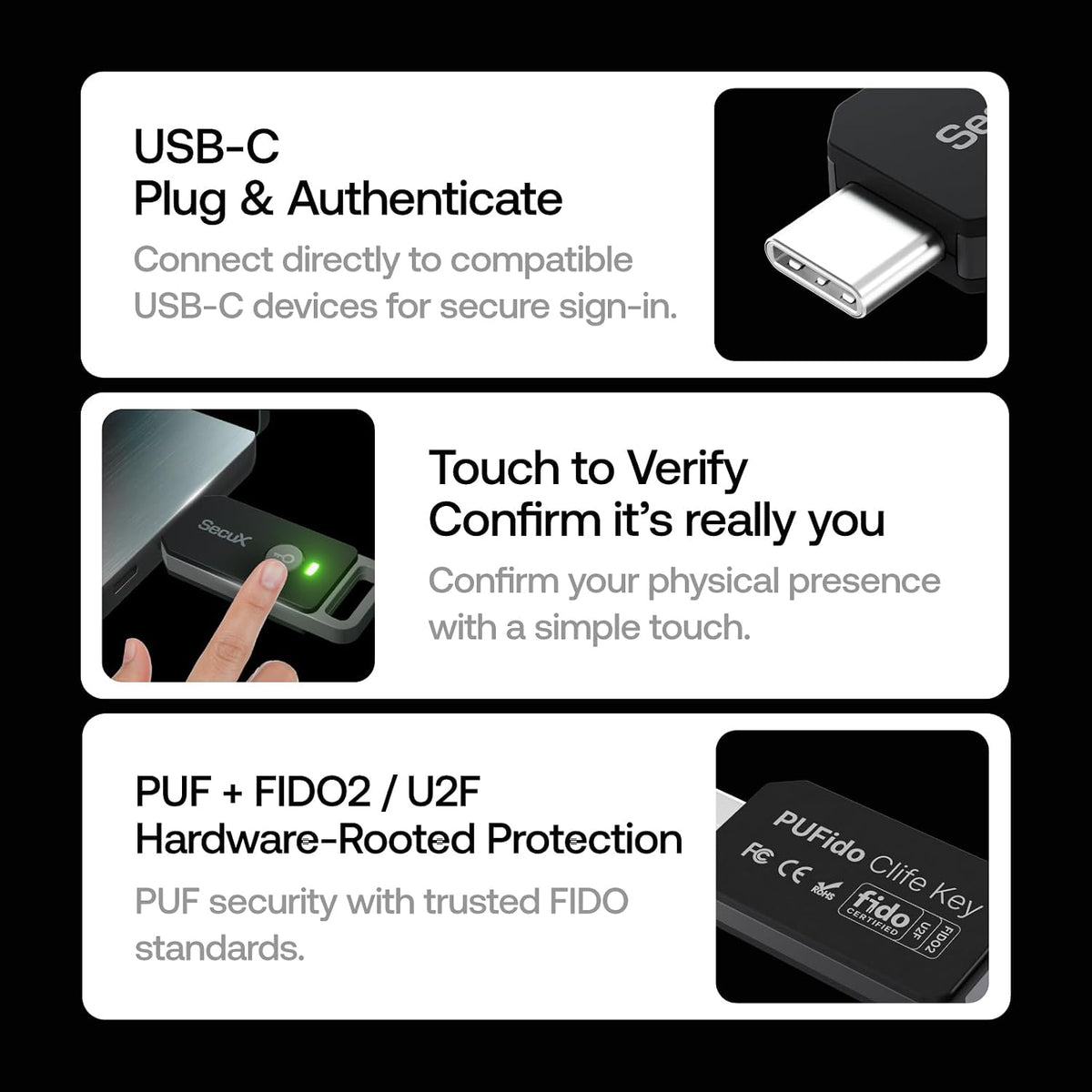 Llave de seguridad SecuX PUFido USB-C con tecnología PUF, certifica...