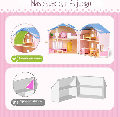 Exquisita casa de muñecas de madera rosa para niñas con muñecas y m...