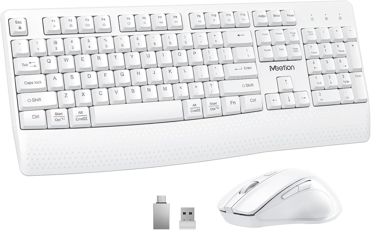 MEETION Combo de teclado y mouse inalámbricos blancos, tamaño compl...
