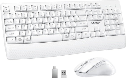 MEETION Combo de teclado y mouse inalámbricos blancos, tamaño compl...