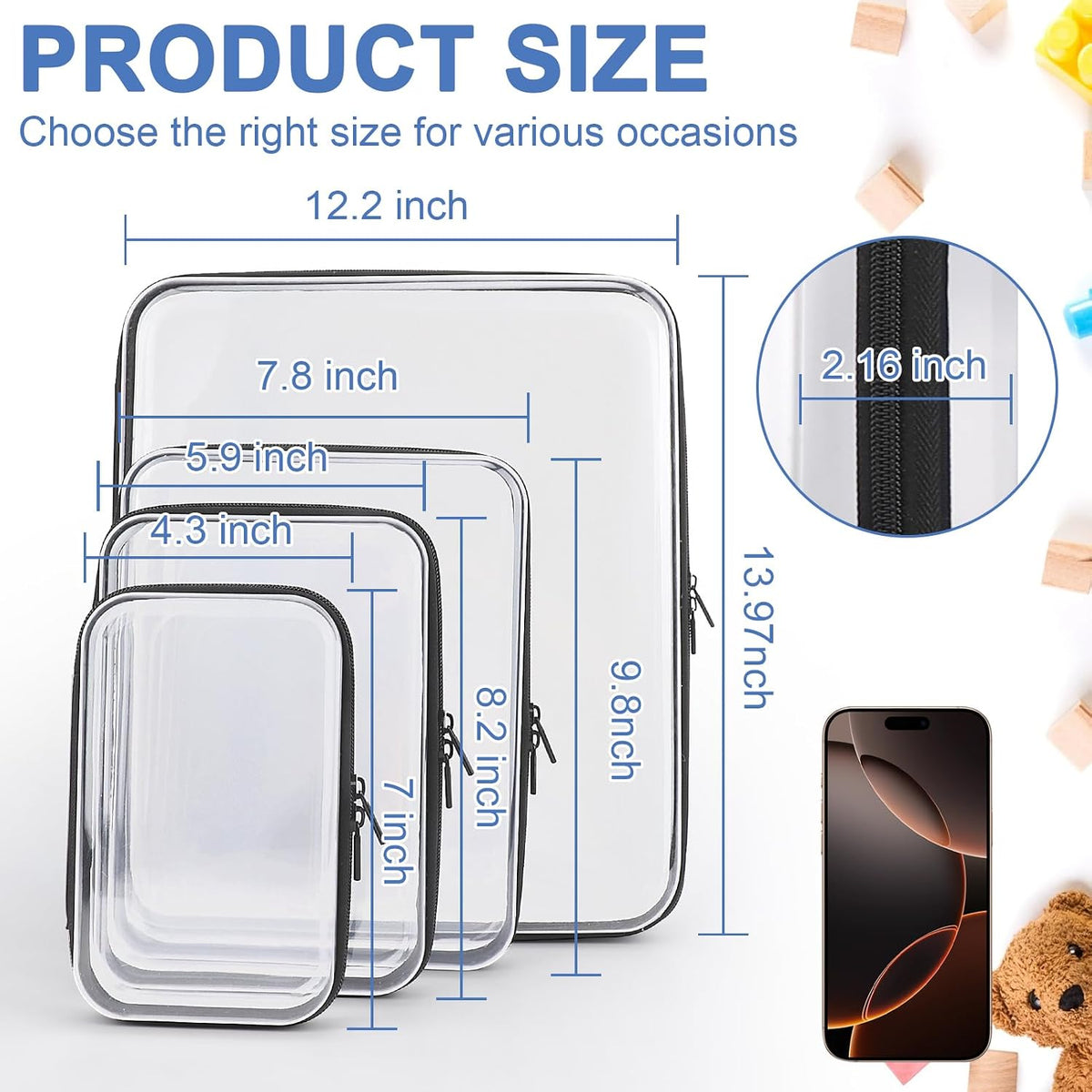 YOPCDJ Paquete de 3 fundas rígidas transparentes con cremallera, Ne...