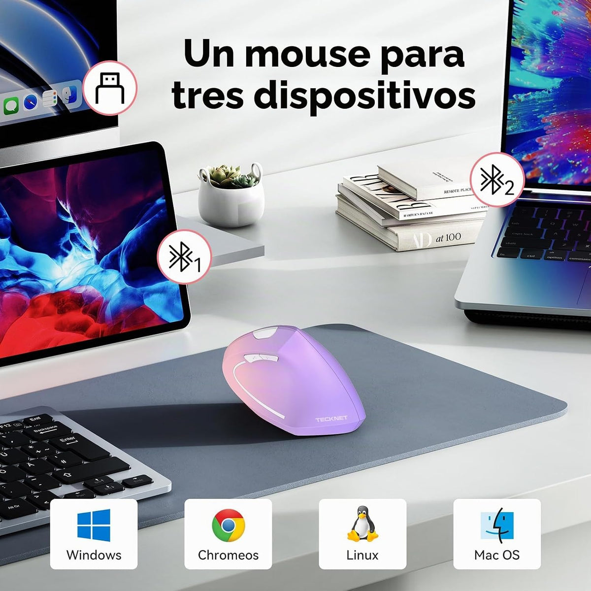 TECKNET Ratón ergonómico, 4800 DPI inalámbrico Bluetooth vertical,...