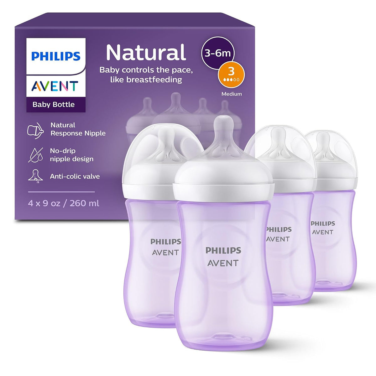 Philips Avent Biberones naturales, flujo medio, 9 onzas, sin BPA, p...