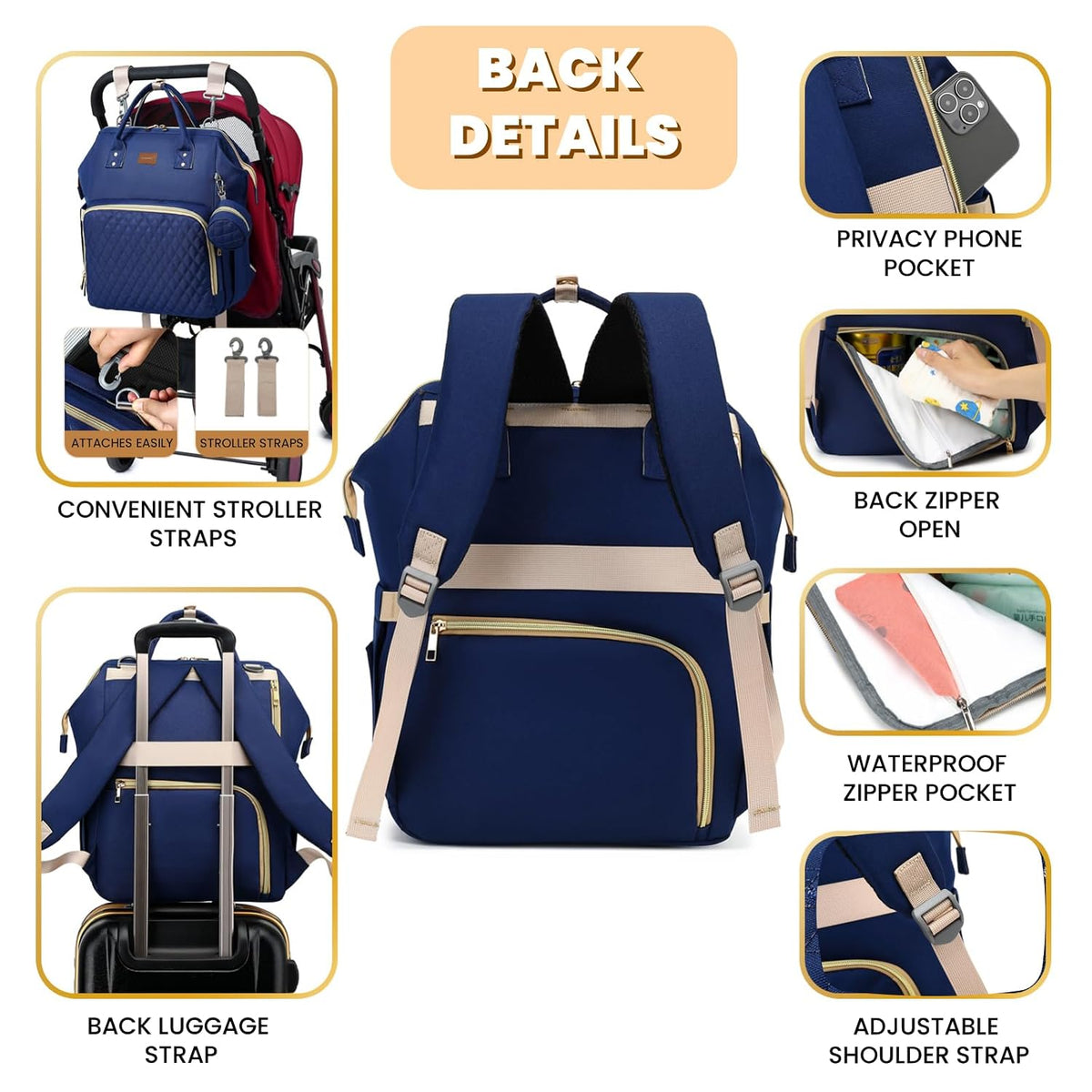 ROSEGIN Mochila para pañales con cambiador, funda para chupete, bol...