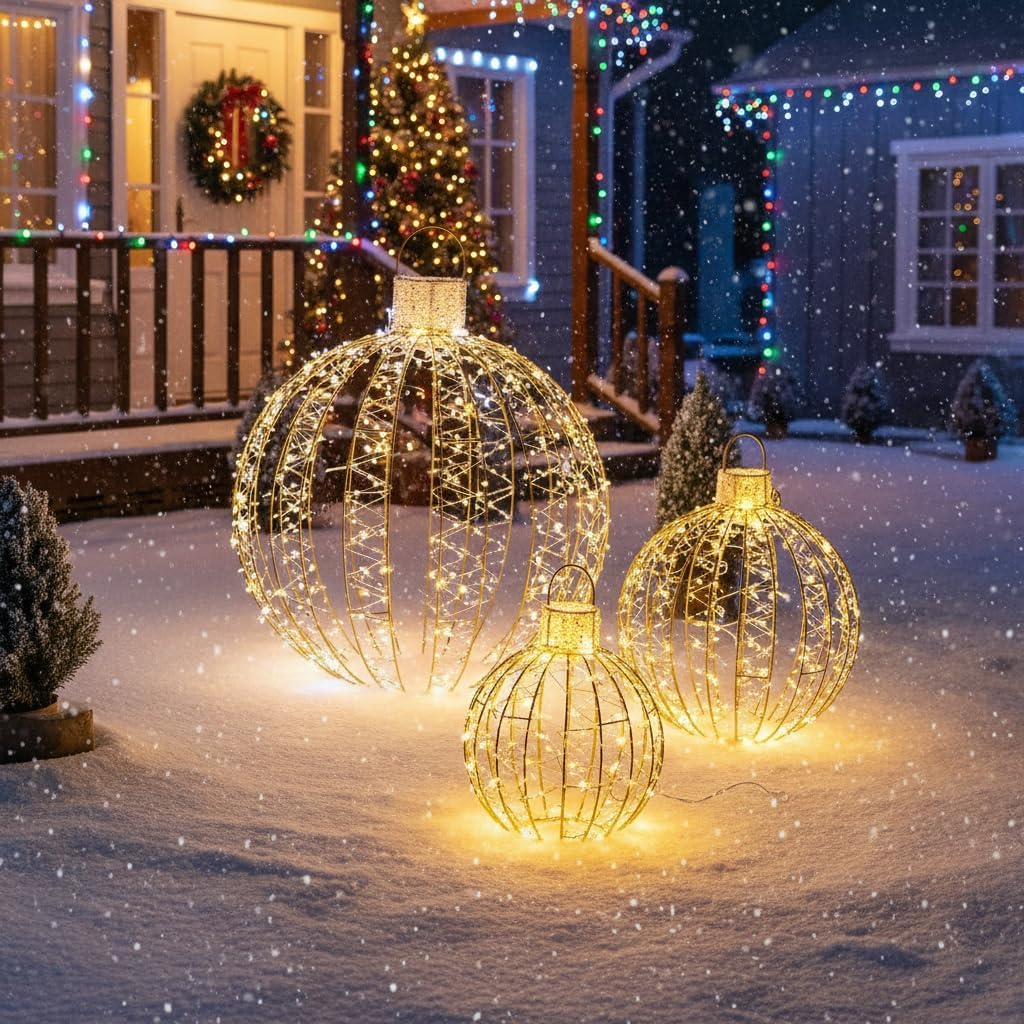 Tangkula - Paquete de 3 bolas de Navidad con luz LED, adornos de me...