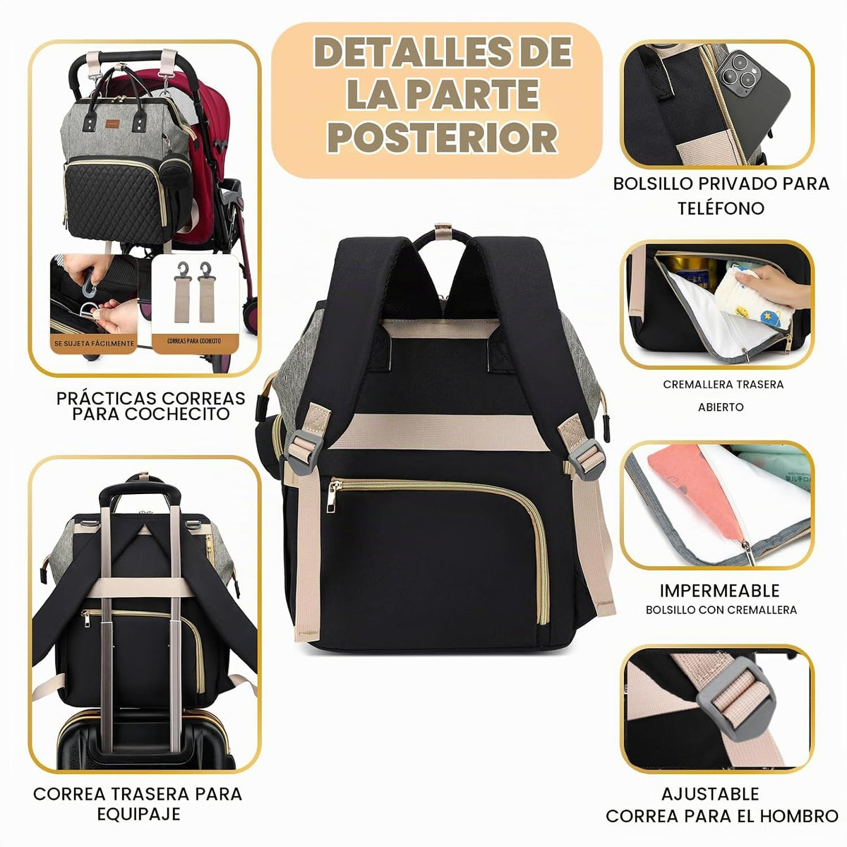 ROSEGIN Mochila para pañales con cambiador, funda para chupete, bol...