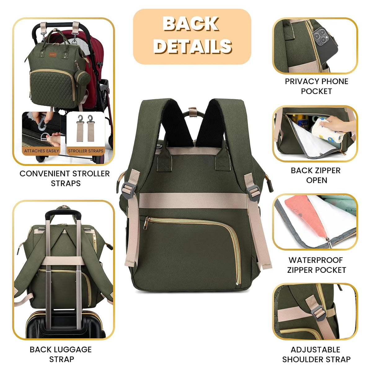ROSEGIN Mochila para pañales con cambiador, funda para chupete, bol...