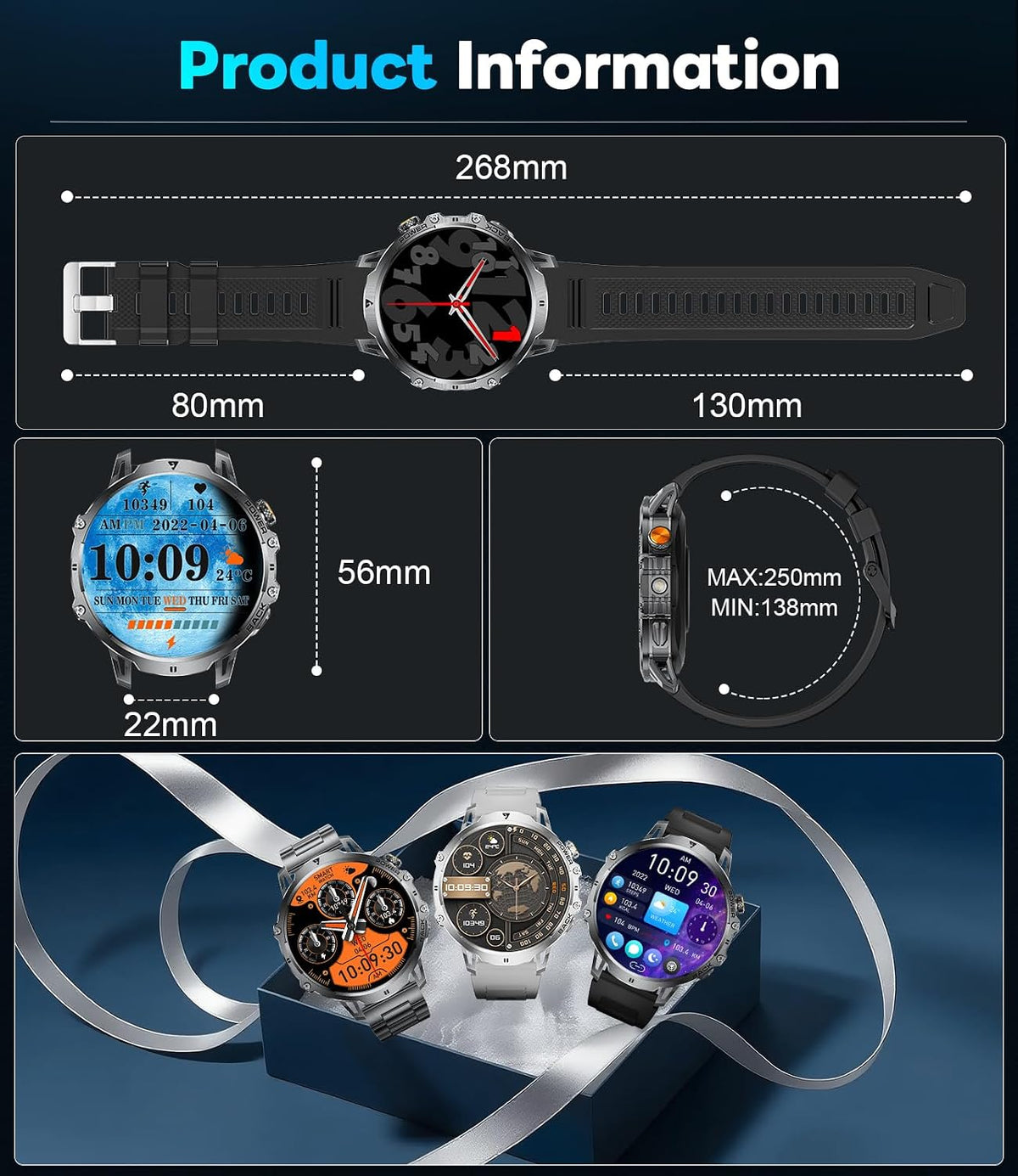 LIGE Relojes inteligentes militares para hombre (3 bandas), reloj i...