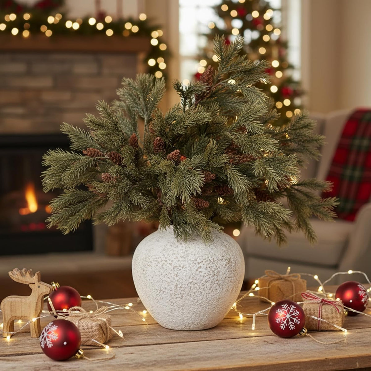 Wavwavw 12 tallos de pino de cedro artificial de Navidad, 25.5 pulg...