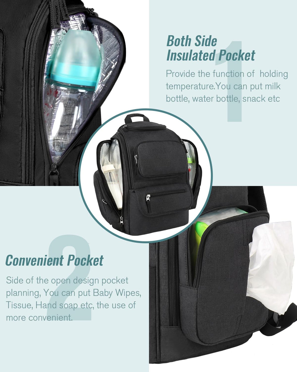 Mancro Mochila para pañales, mochila negra para pañales de bebé de...