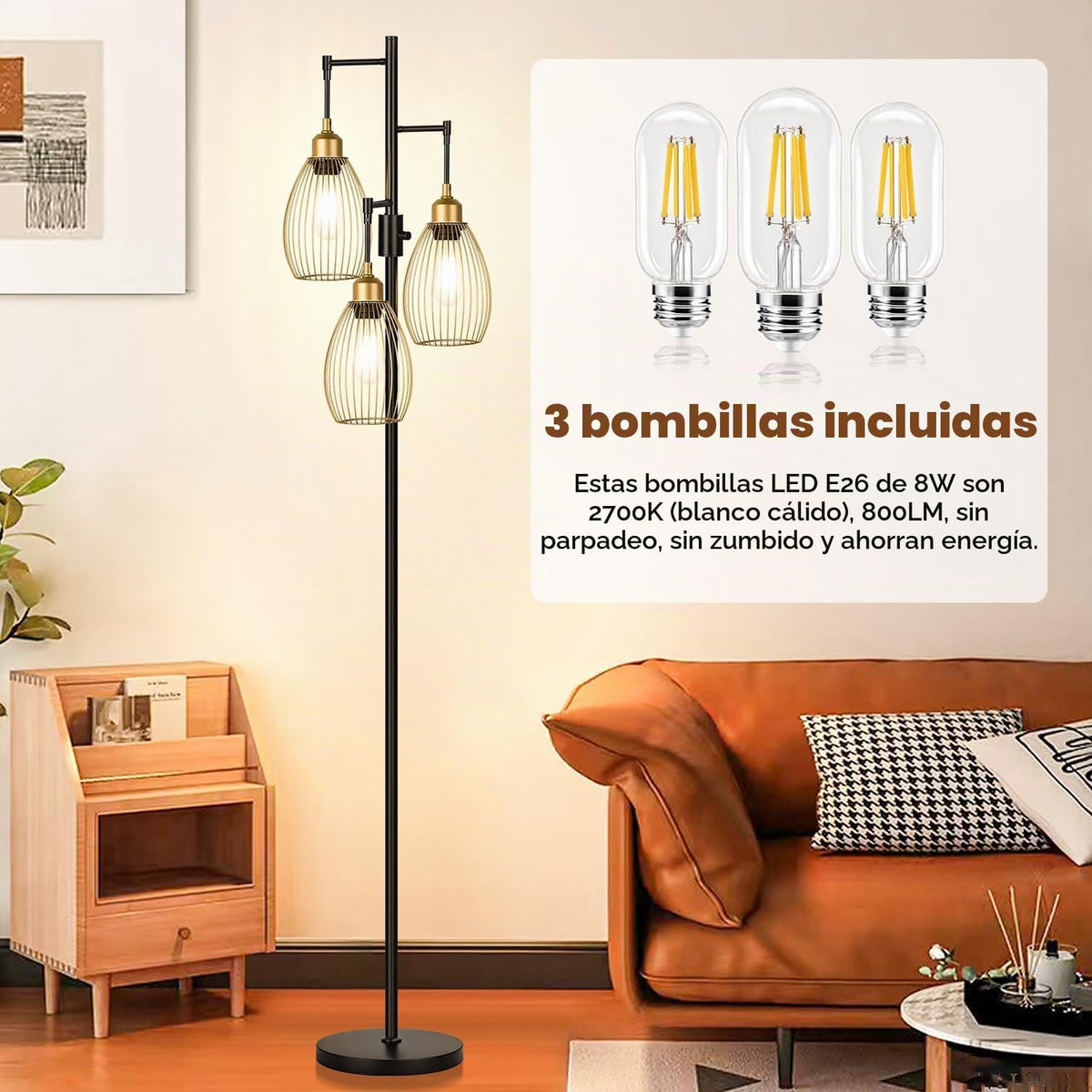 Lámpara de pie regulable, 3 bombillas LED de 800 lm incluidas, lámp...
