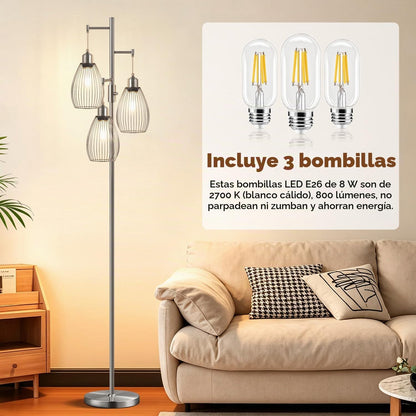 Nintiue Lámpara de pie regulable, 3 bombillas LED Edison de 800 lm...