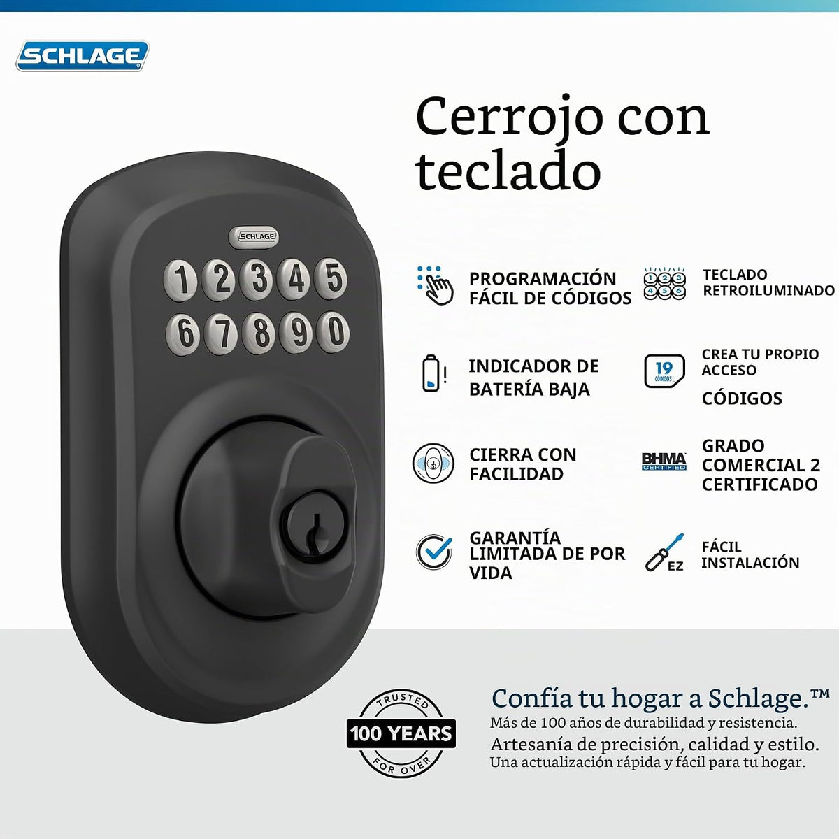 Schlage Cerradura de cerrojo de teclado electrónico, borde Plymouth...