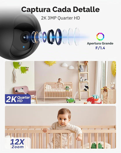Hugolog - Cámara de seguridad interior Pan\/Tilt de 2K 3MP con enfo...